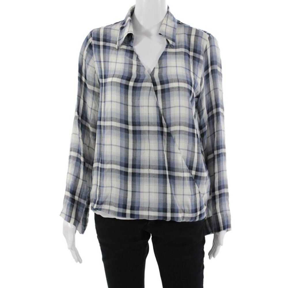 Single Womens Blue Floral Plaid Rayon V Neck Long Sleeve Blouse Size XS